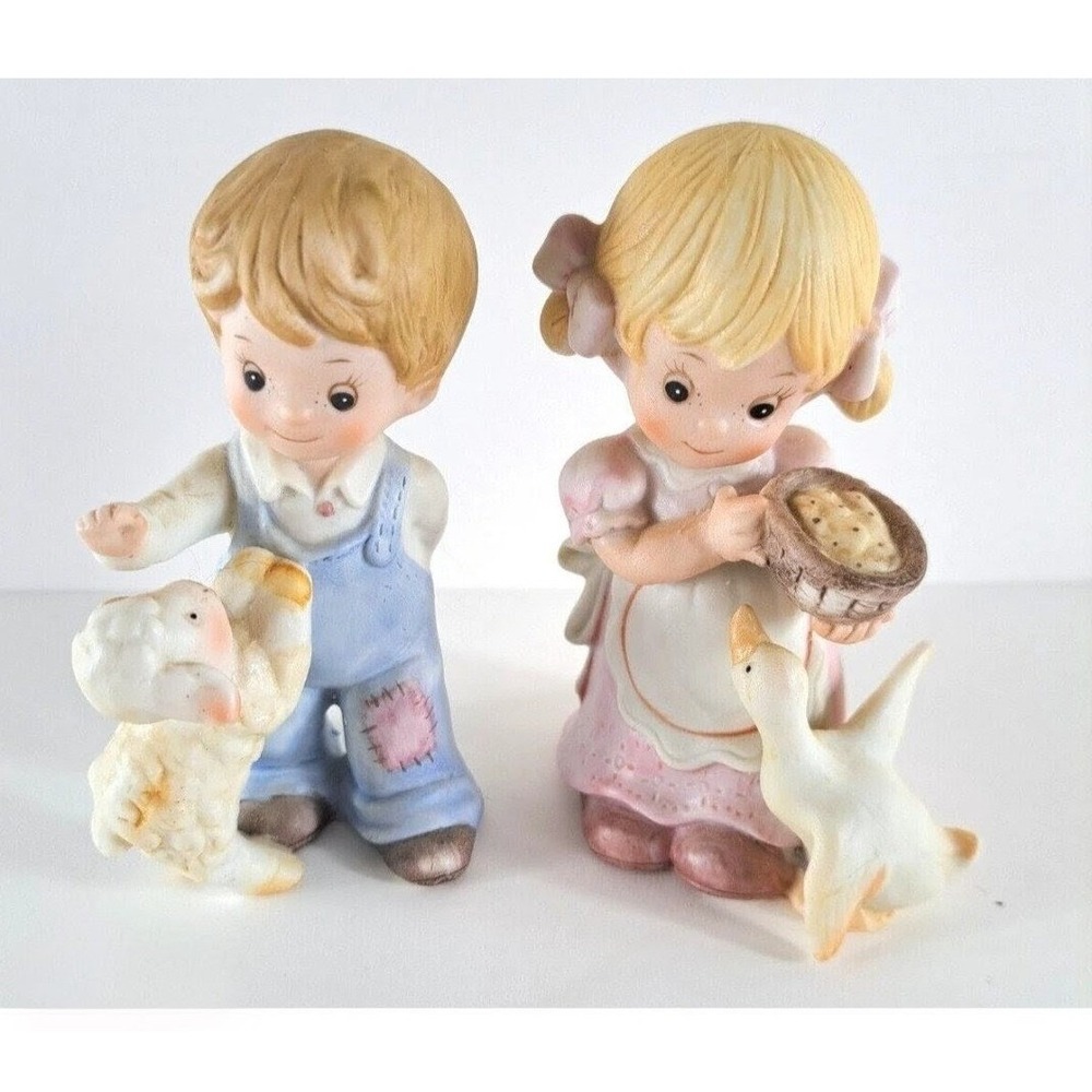 Homco Porcelain Farm Boy‎ And Girl Figurines Denim Jean Overalls Lamb Goose